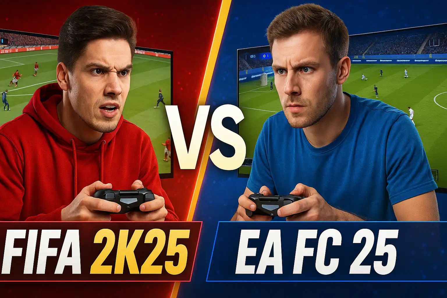 Two football gamers playing FIFA 2K25 and EA FC 25 on split screens in a competitive gaming setup