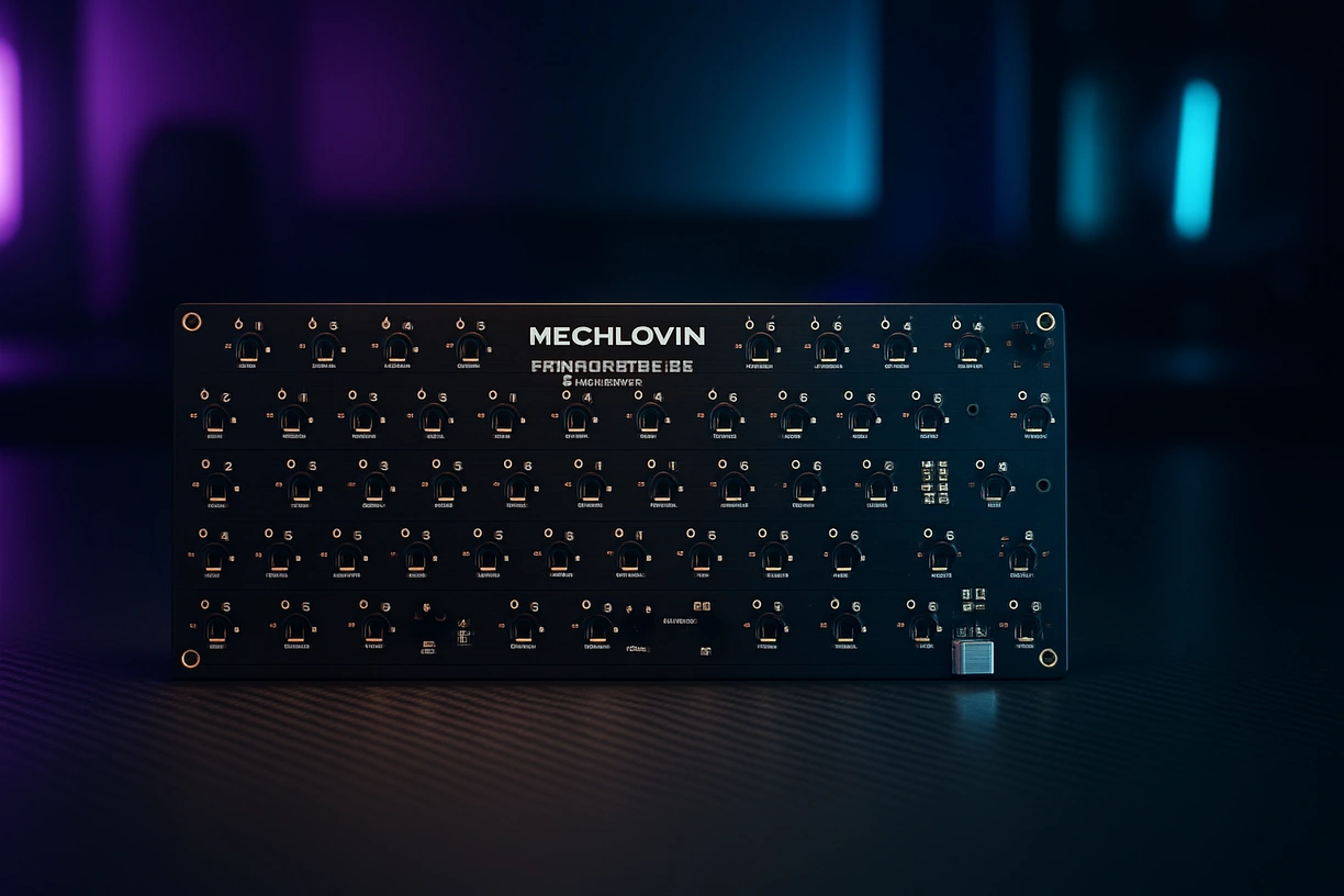 High-angle studio shot of Mechlovin Infinity 87.5 TKL PCB on RGB-lit desk showing PCB layout and Mini USB port