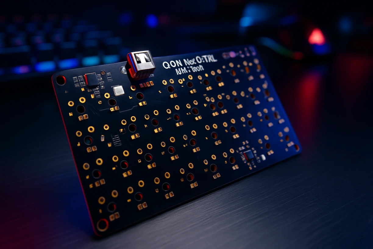 Cinematic photo of GON NerD TKL mechanical keyboard PCB under blue and red RGB lights in a techy workspace