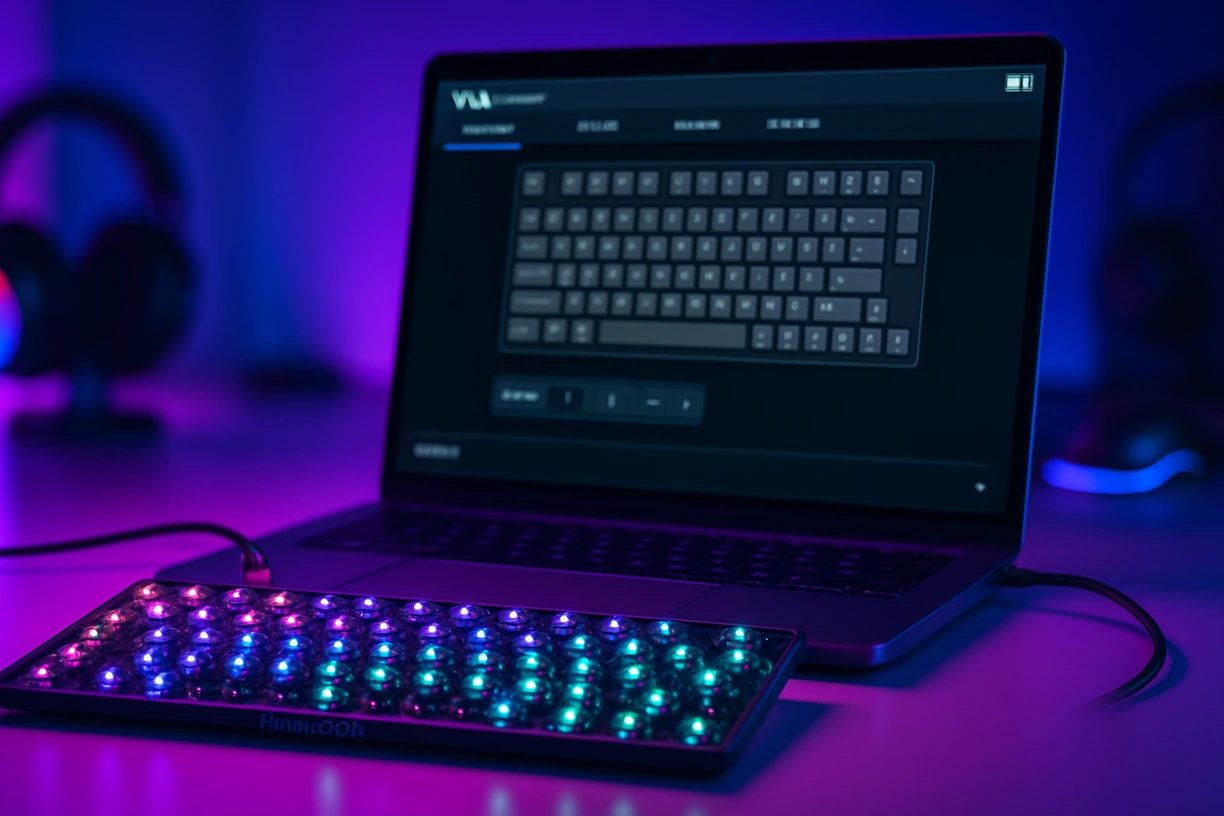 Mechanical keyboard PCB connected to laptop running VIA firmware configurator in RGB-lit tech studio setup