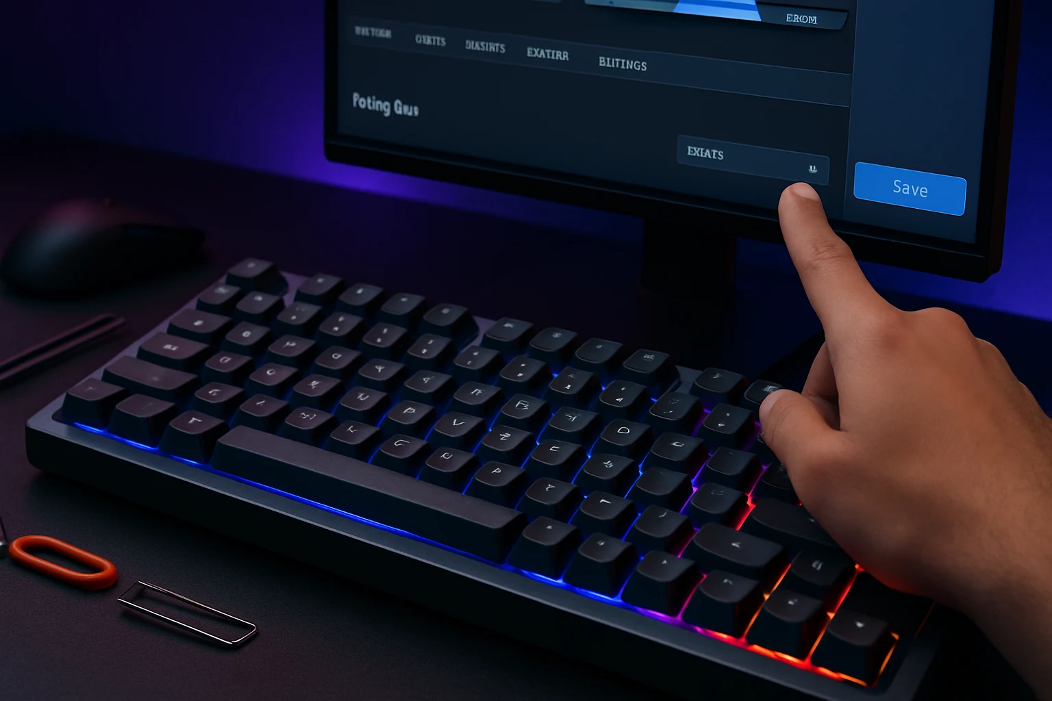Close-up of a person adjusting keyboard settings in a modern dual-monitor RGB workspace with a glowing keyboard.