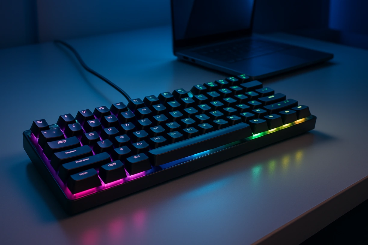 Mechanical RGB keyboard on a clean desk connected to a laptop with soft ambient lighting in a studio setup.