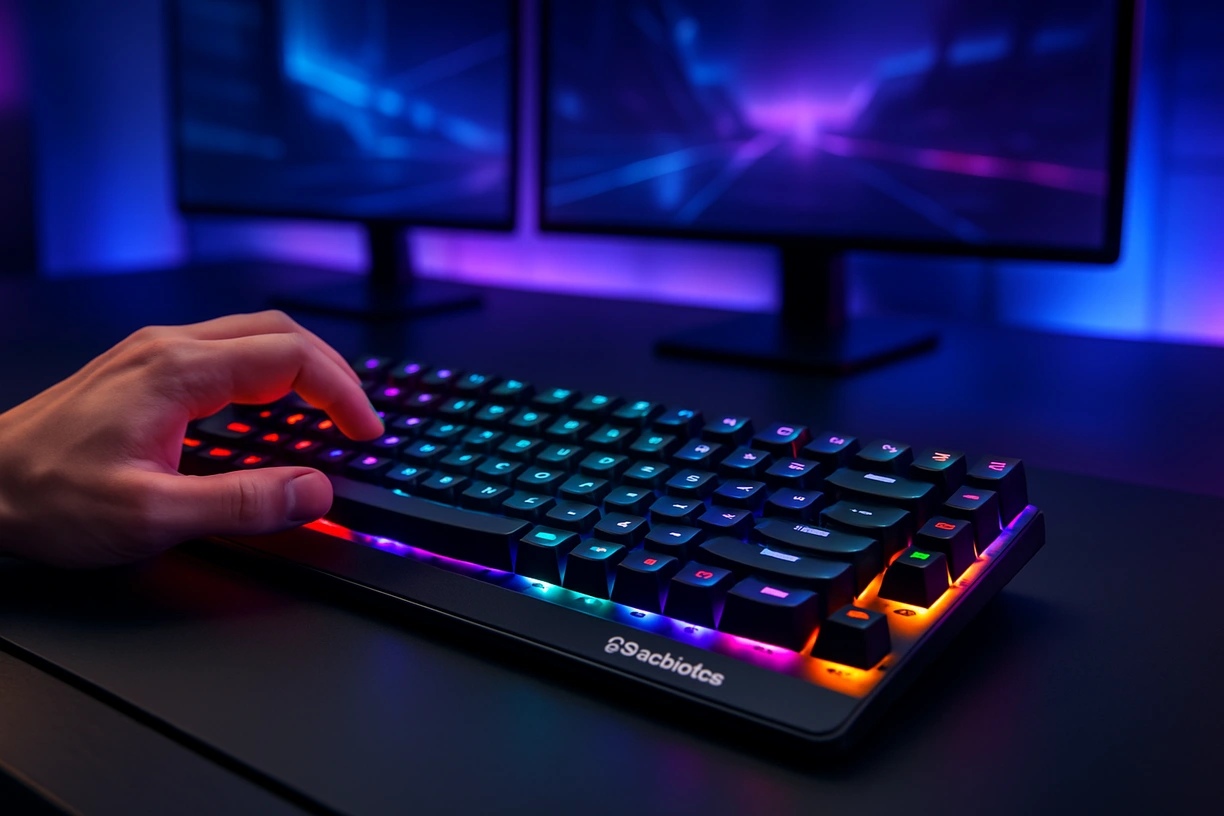 SteelSeries Apex Pro TKL Wireless 2025 keyboard with RGB lighting on a matte black desk in a dual-monitor gaming setup with ambient lighting.
